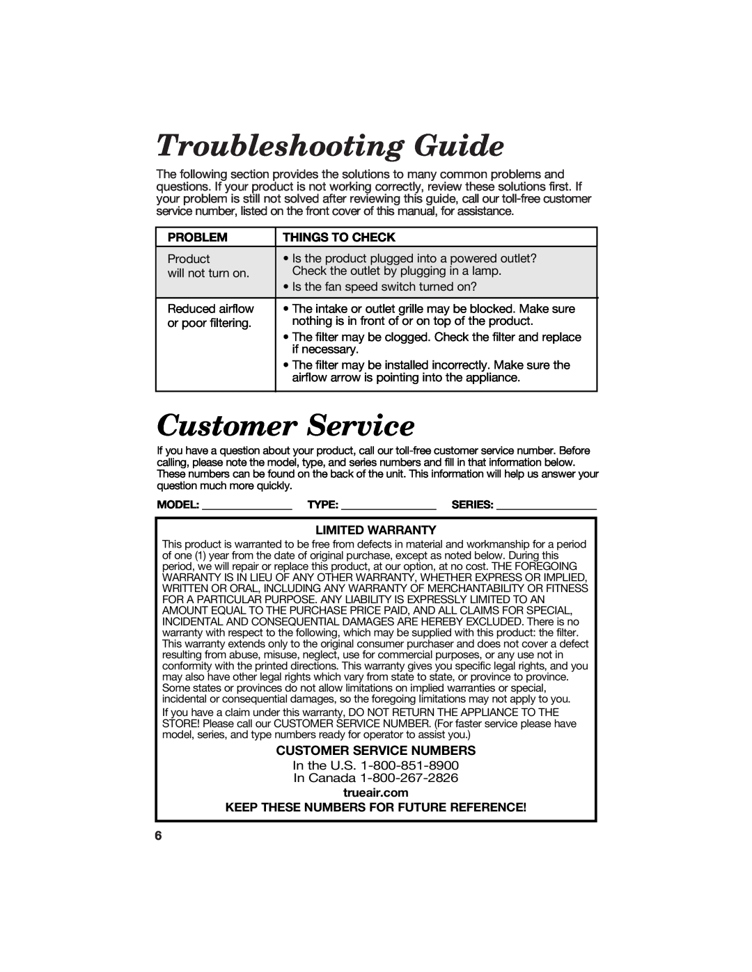 Hamilton Beach 840133100 manual Troubleshooting Guide, Customer Service, Problem, Things To Check, Limited Warranty 