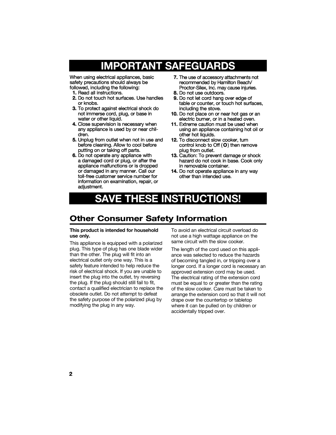 Hamilton Beach 840133300 manual Other Consumer Safety Information, Important Safeguards, Save These Instructions 