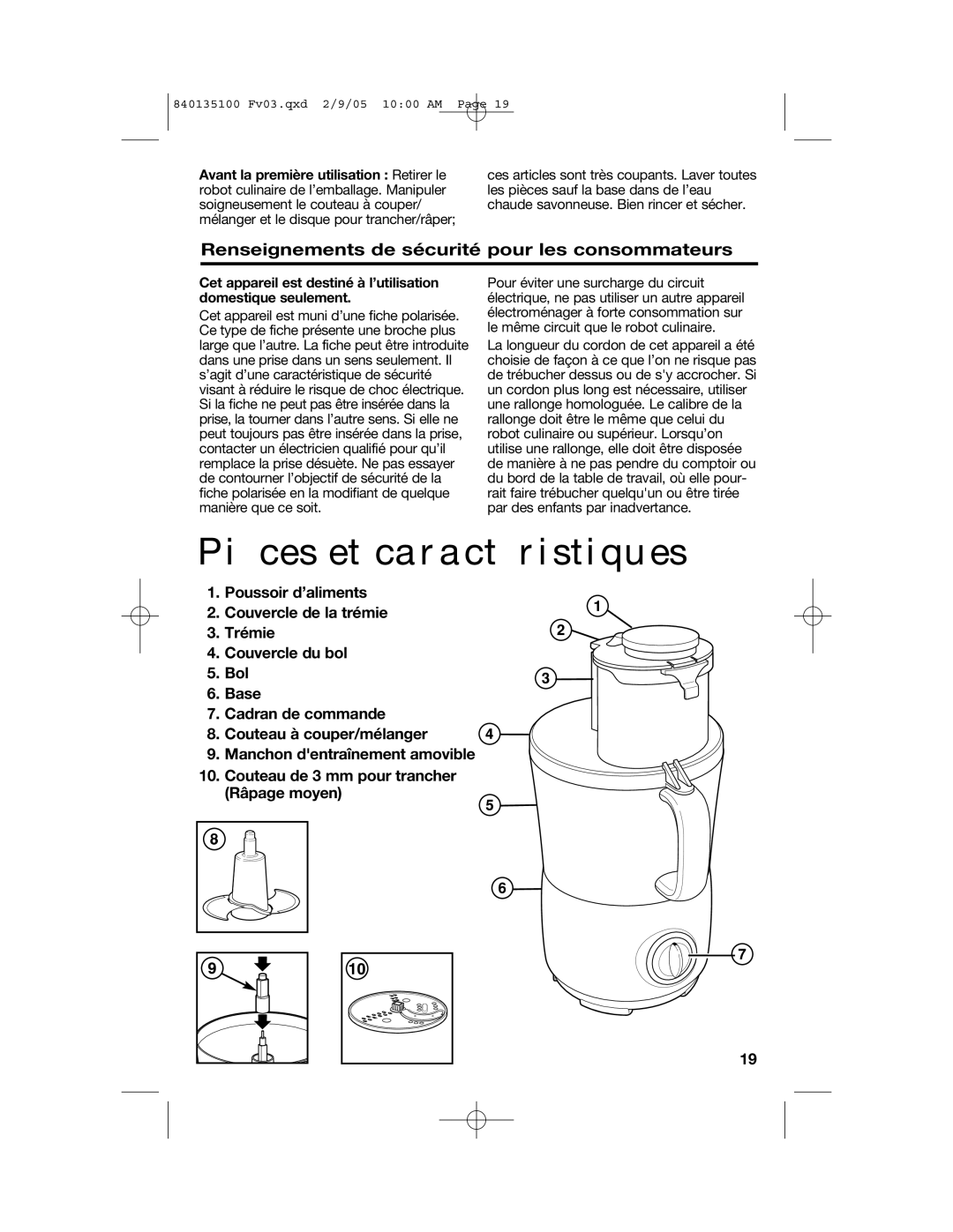 Hamilton Beach 840135100 manual Pièces et caractéristiques, Renseignements de sécurité pour les consommateurs 