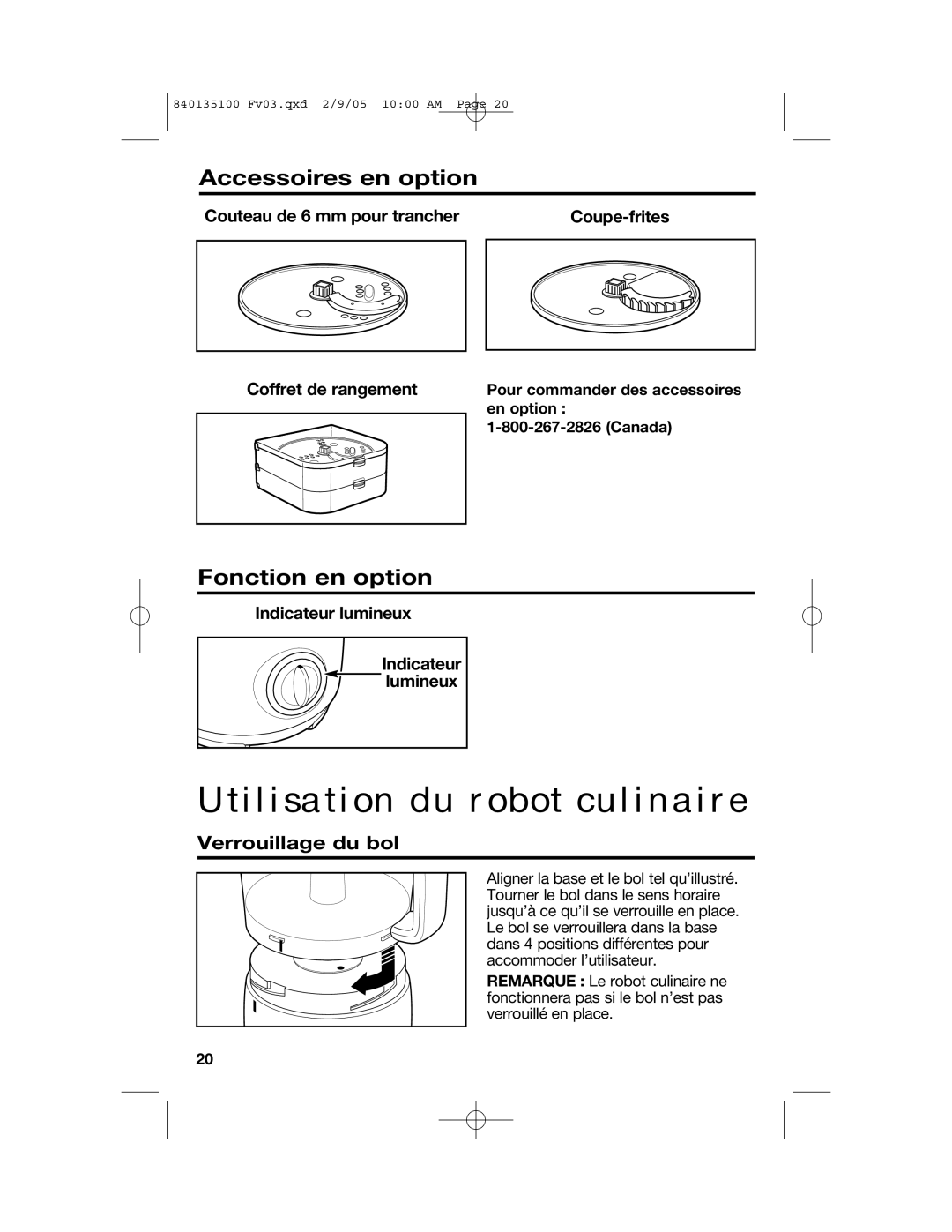 Hamilton Beach 840135100 Accessoires en option, Fonction en option, Verrouillage du bol, Pour commander des accessoires 