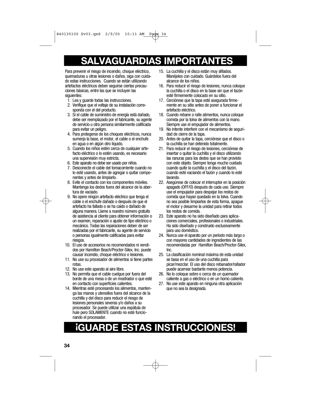 Hamilton Beach 840135100 manual Salvaguardias Importantes 