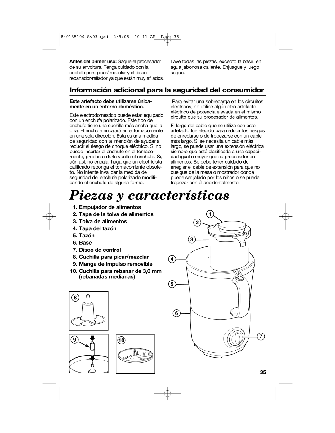 Hamilton Beach 840135100 manual Piezas y características, Información adicional para la seguridad del consumidor 