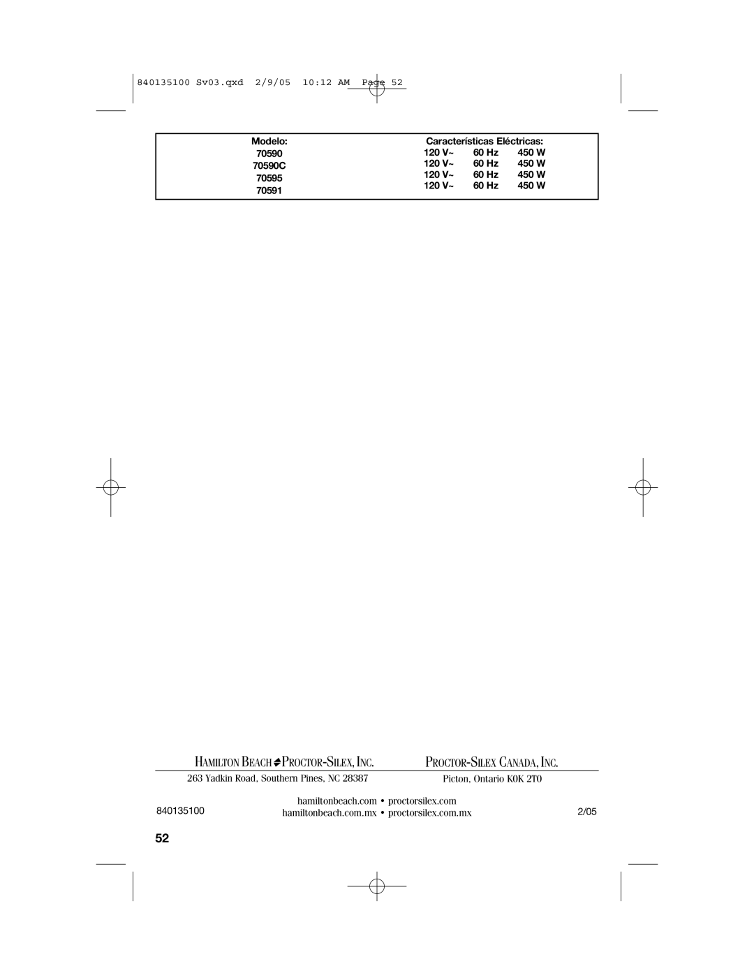 Hamilton Beach 840135100 manual Hamilton Beach PROCTOR-SILEX, INC 