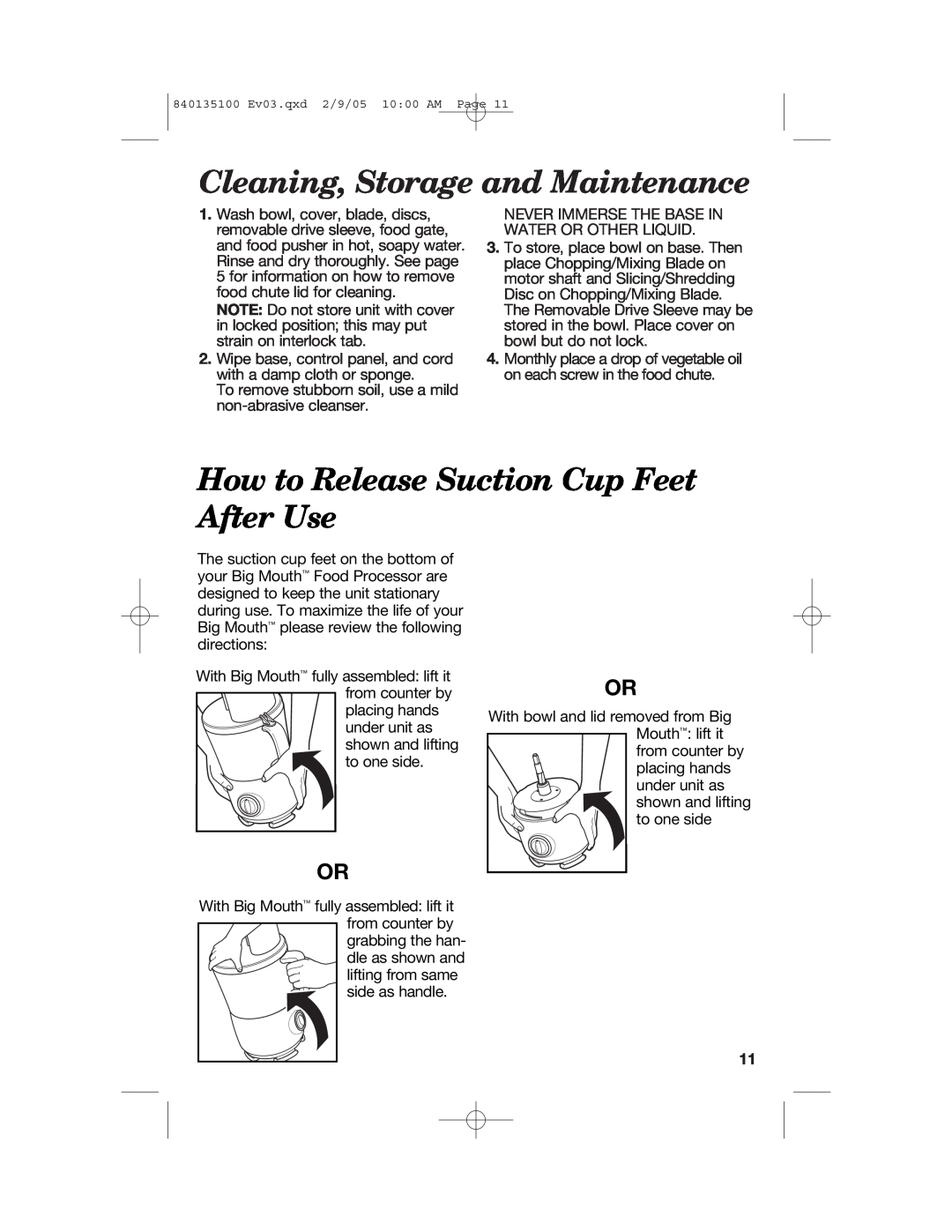 Hamilton Beach 840135100 manual Cleaning, Storage and Maintenance, How to Release Suction Cup Feet After Use 