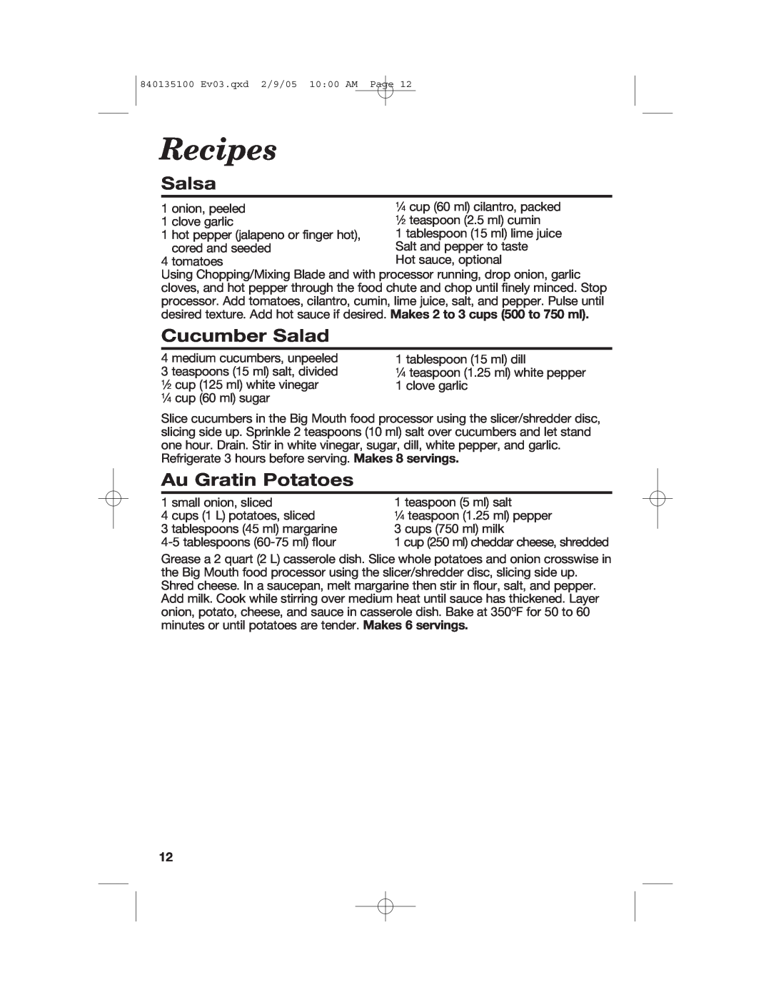 Hamilton Beach 840135100 manual Recipes, Salsa, Cucumber Salad, Au Gratin Potatoes 