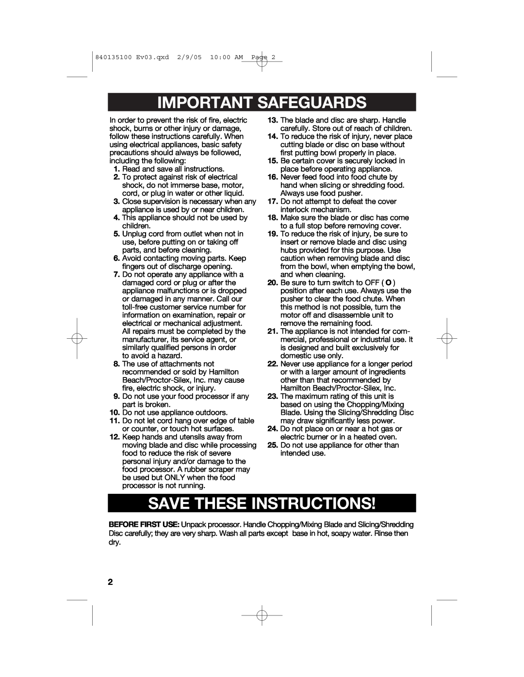 Hamilton Beach 840135100 manual Important Safeguards, Save These Instructions 