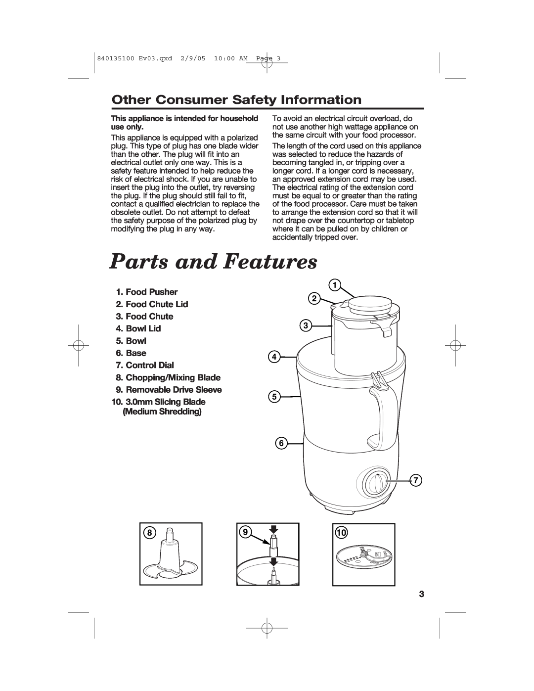 Hamilton Beach 840135100 manual Parts and Features, Other Consumer Safety Information 