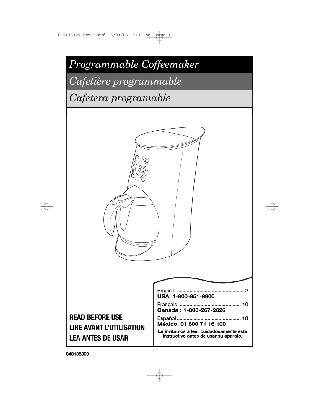 Hamilton Beach 42494, 840135300, 42481, 42484, 42471, 42491 manual Programmable Coffeemaker Cafetière programmable 