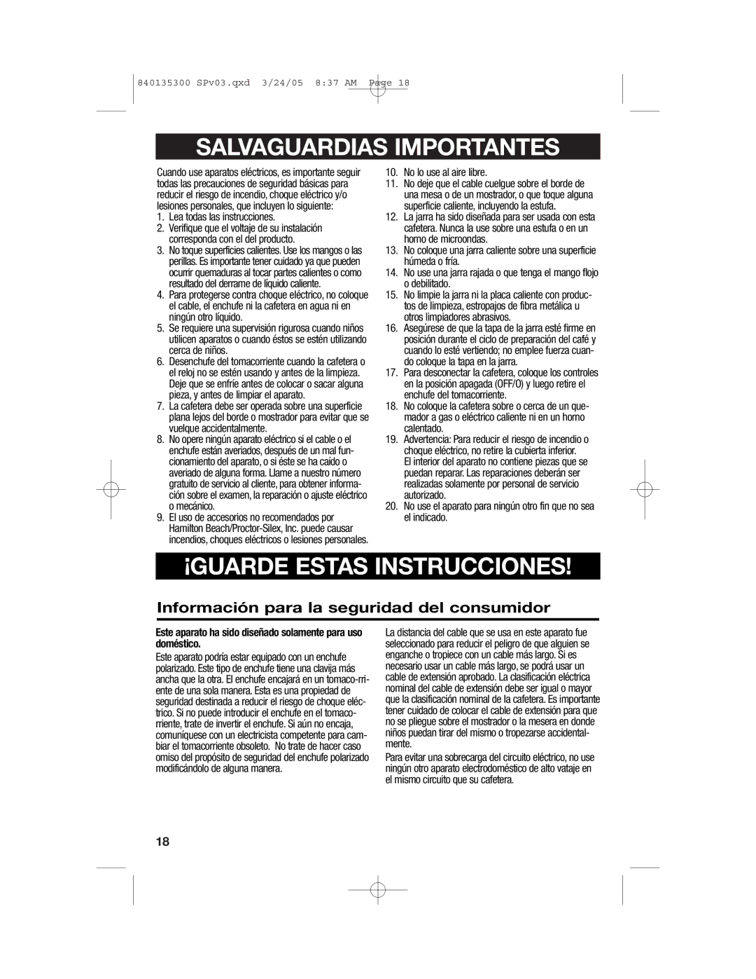 Hamilton Beach 840135300, 42494, 42481, 42484, 42471 Salvaguardias Importantes, Información para la seguridad del consumidor 