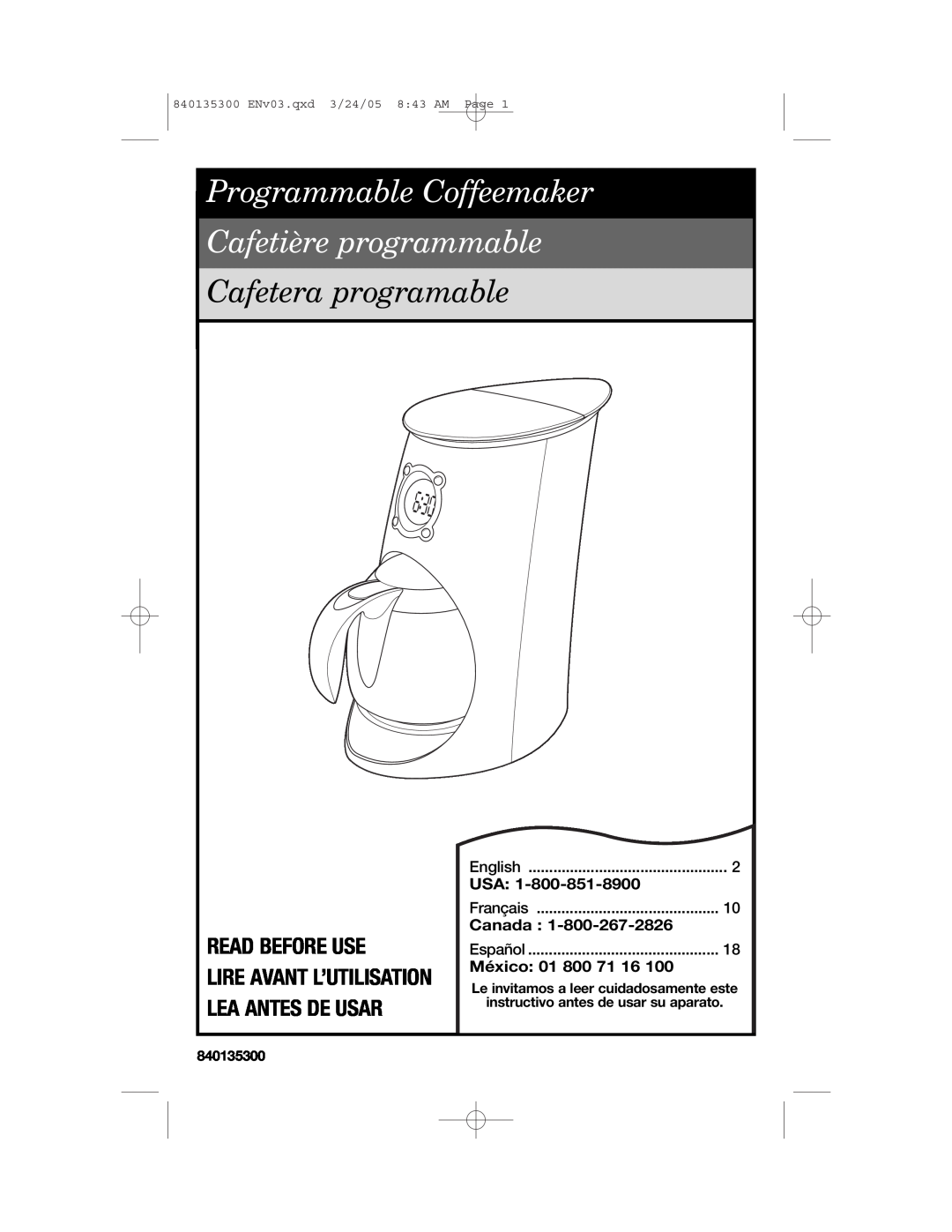 Hamilton Beach 42494 manual Read Before Use, Programmable Coffeemaker Cafetière programmable, Cafetera programable, Canada 