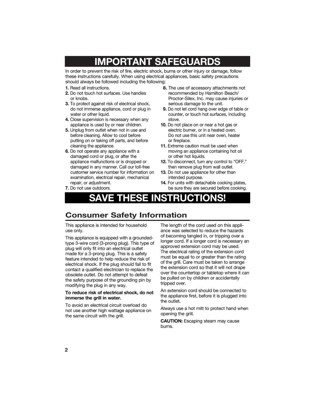 Hamilton Beach 840135600 manual Important Safeguards, Consumer Safety Information 