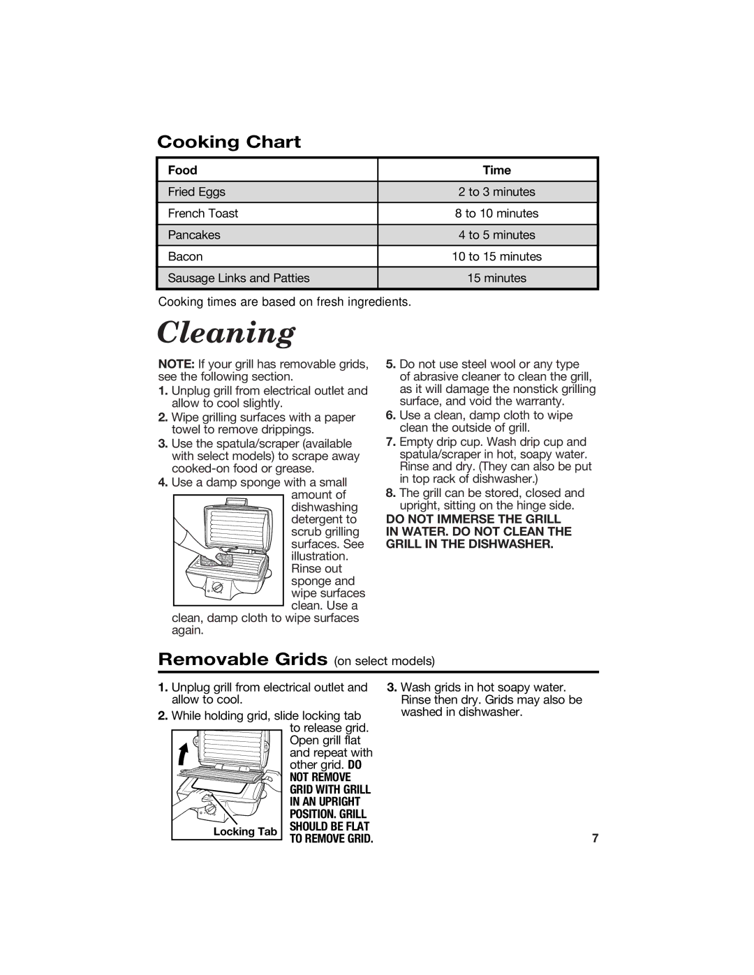 Hamilton Beach 840135600 manual Cleaning, Cooking Chart, Not Remove, AN Upright, To Remove Grid 