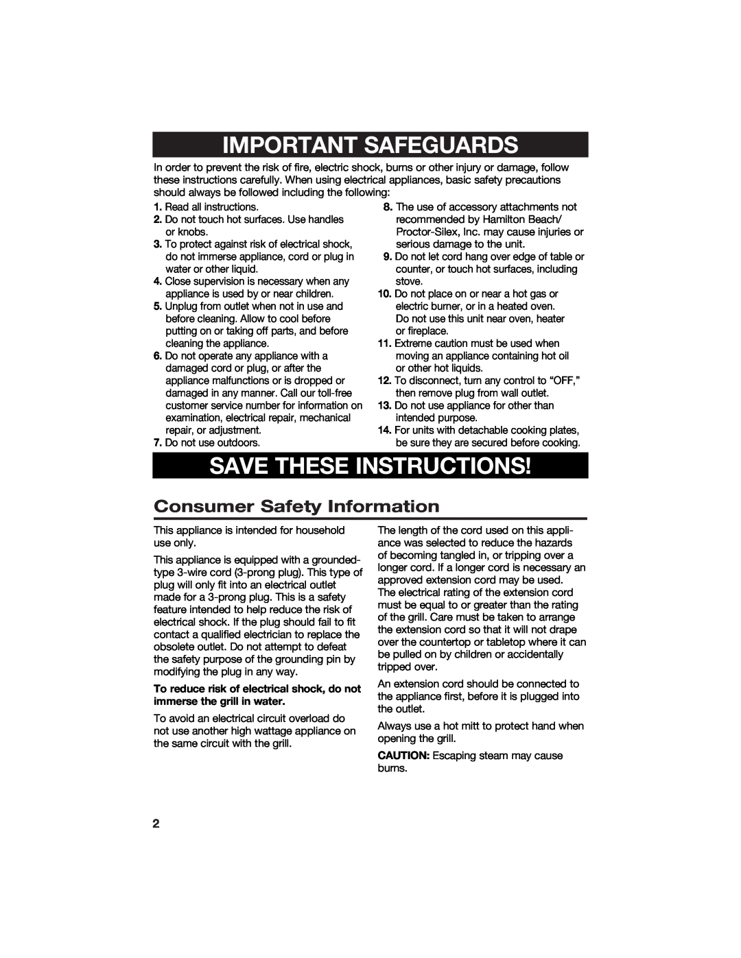 Hamilton Beach 840135600 manual Consumer Safety Information, Important Safeguards, Save These Instructions 