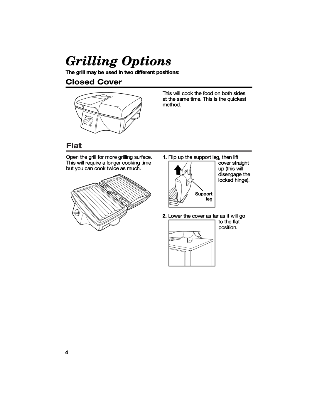 Hamilton Beach 840135600 manual Grilling Options, Closed Cover, Flat, The grill may be used in two different positions 