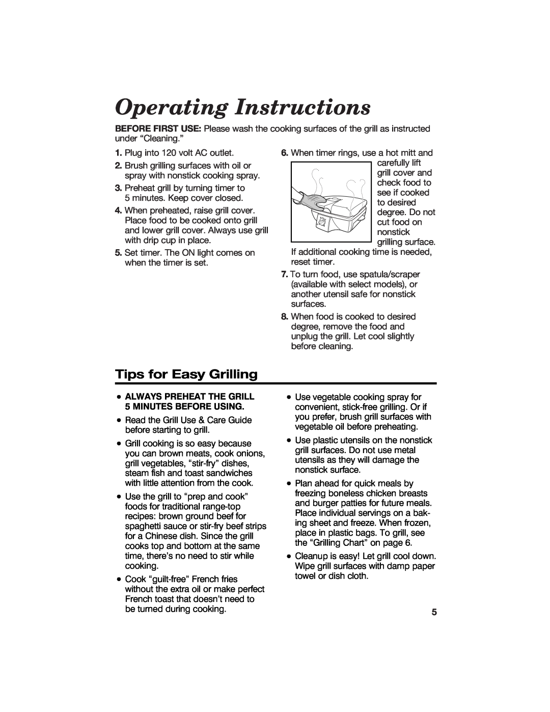 Hamilton Beach 840135600 Operating Instructions, Tips for Easy Grilling, ALWAYS PREHEAT THE GRILL 5 MINUTES BEFORE USING 