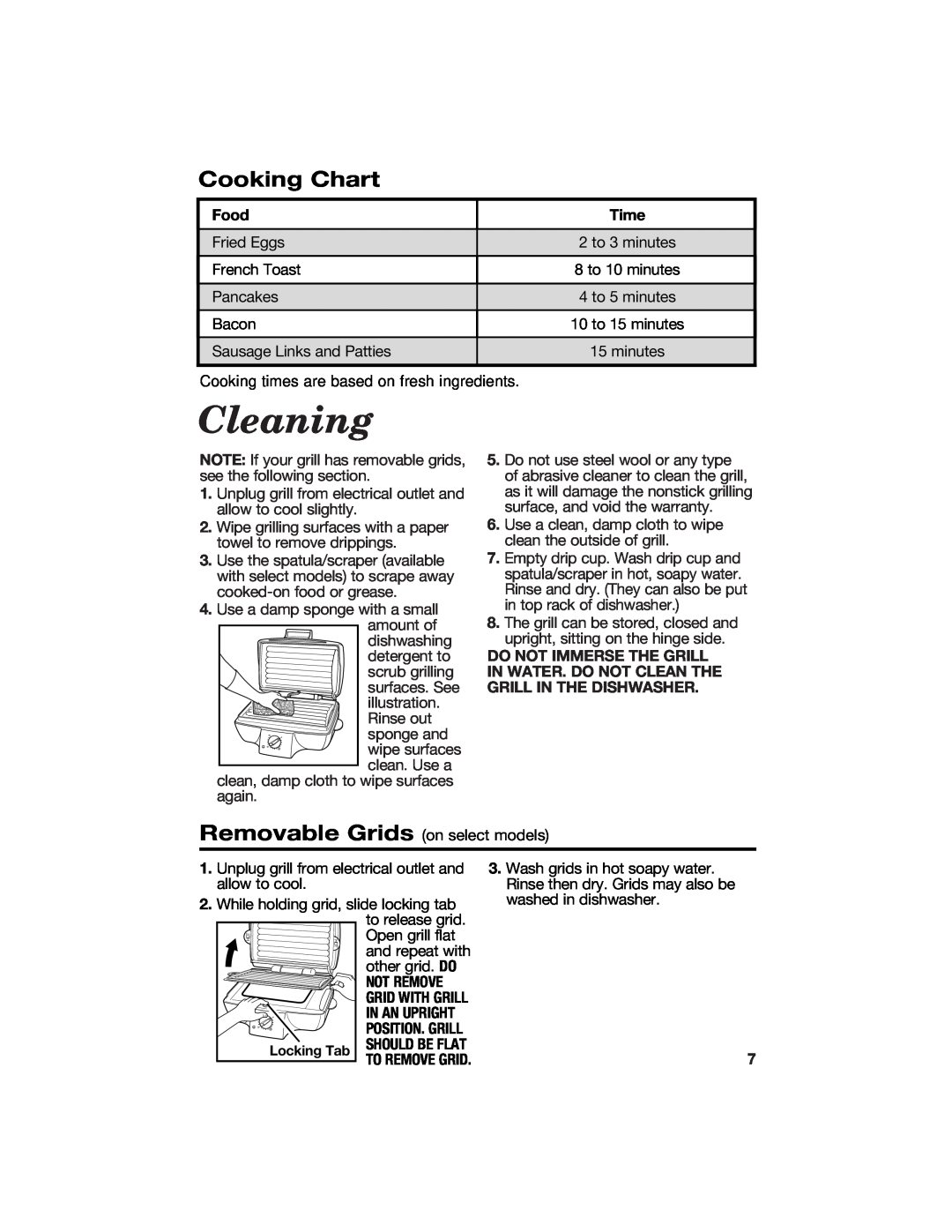 Hamilton Beach 840135600 manual Cleaning, Cooking Chart, Food, Time, Not Remove, In An Upright, To Remove Grid 