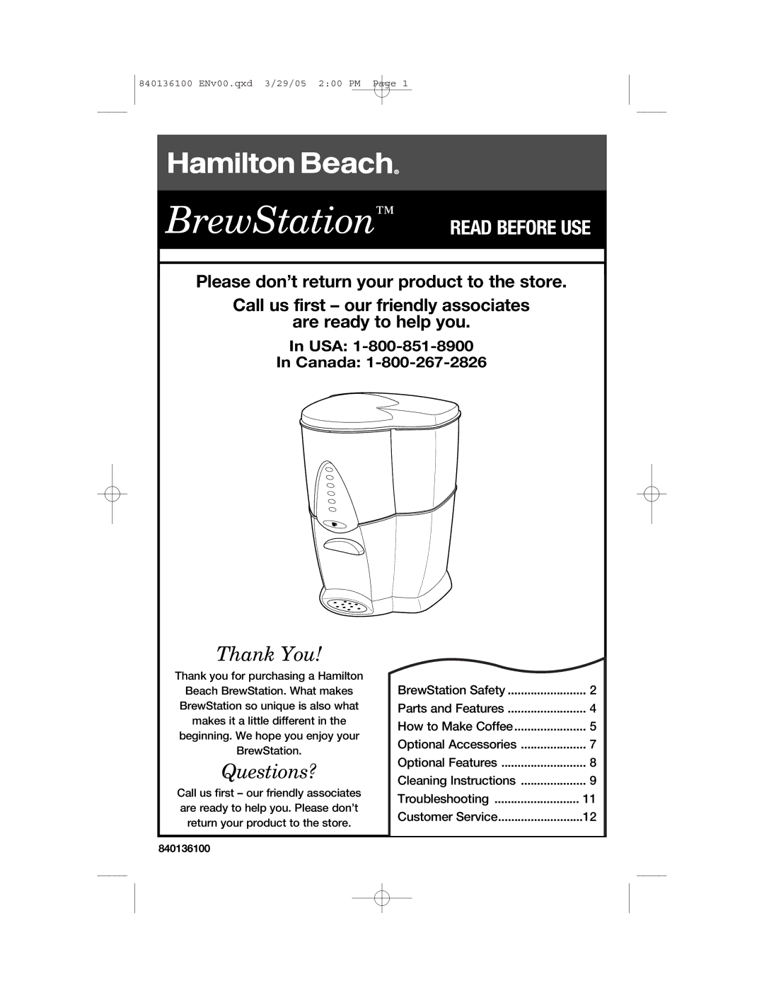 Hamilton Beach 840136100 manual BrewStation 