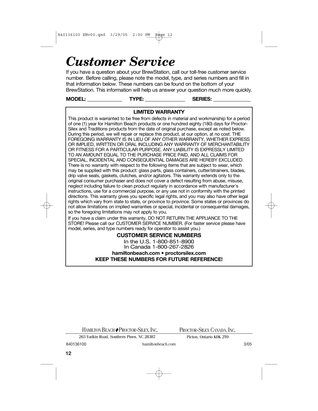 Hamilton Beach 840136100 Customer Service, Model Type Series, Limited Warranty, Keep These Numbers for Future Reference 