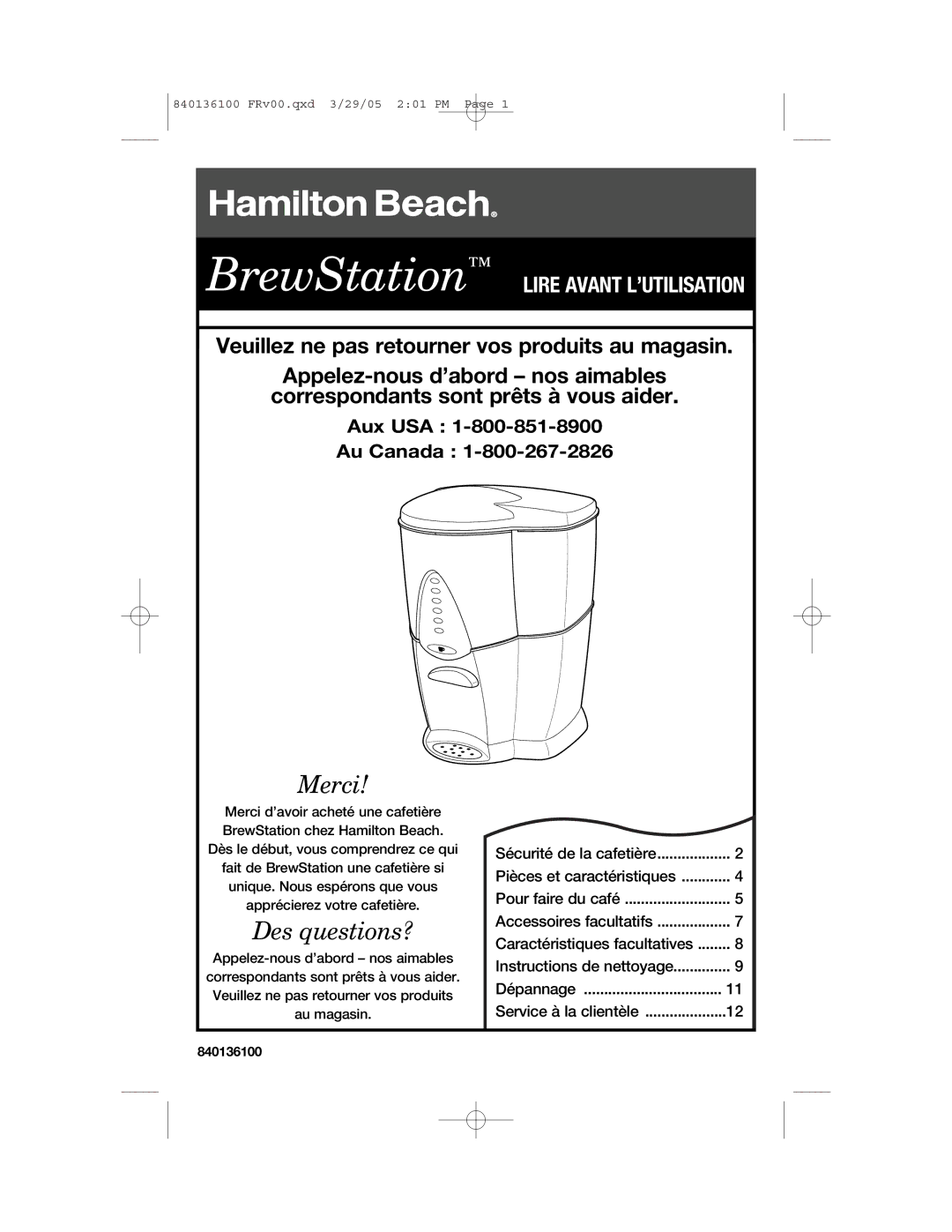 Hamilton Beach 840136100 manual Merci 