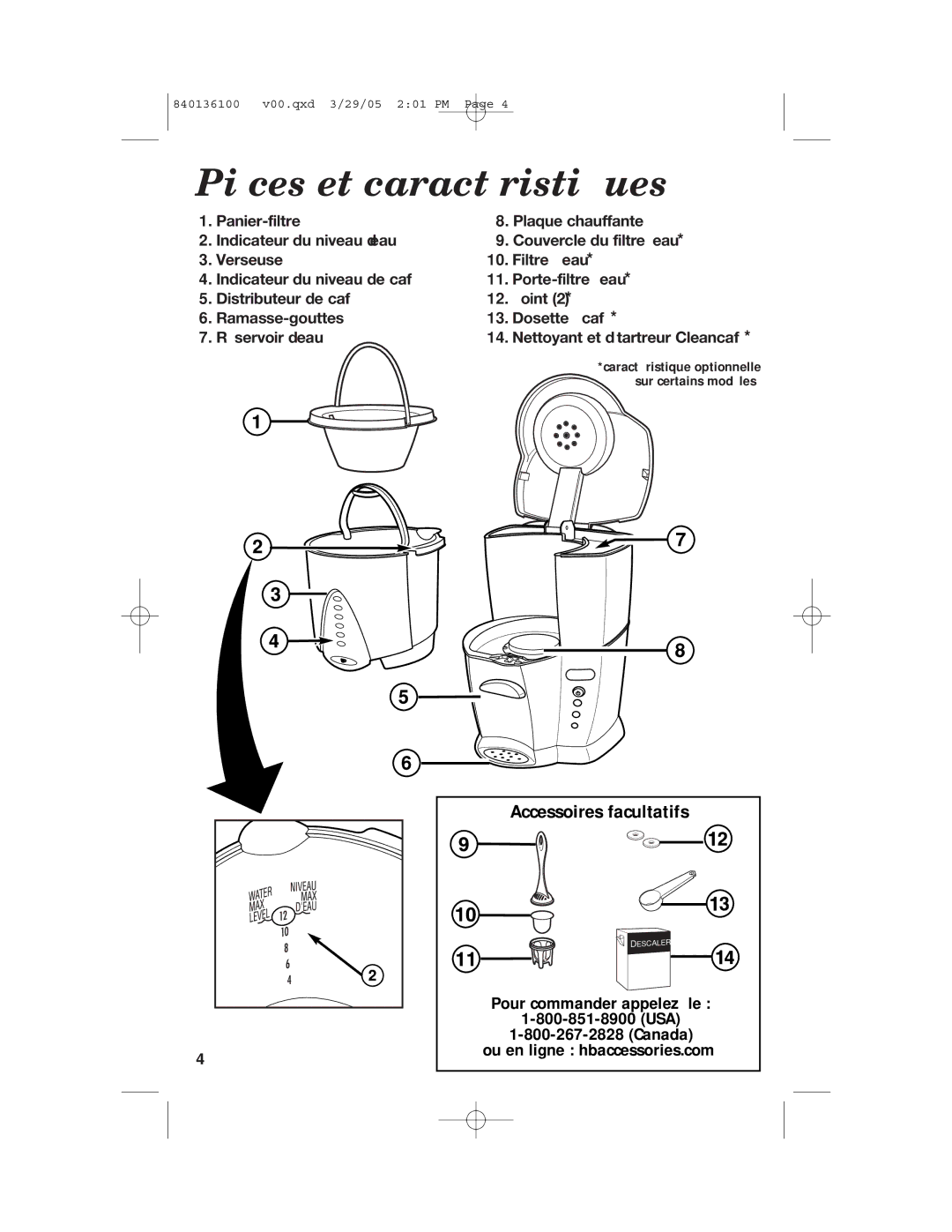 Hamilton Beach 840136100 manual Pièces et caractéristiques, Accessoires facultatifs 