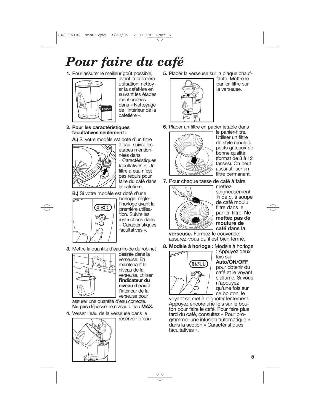 Hamilton Beach 840136100 manual Pour faire du café, Auto/ON/OFF 