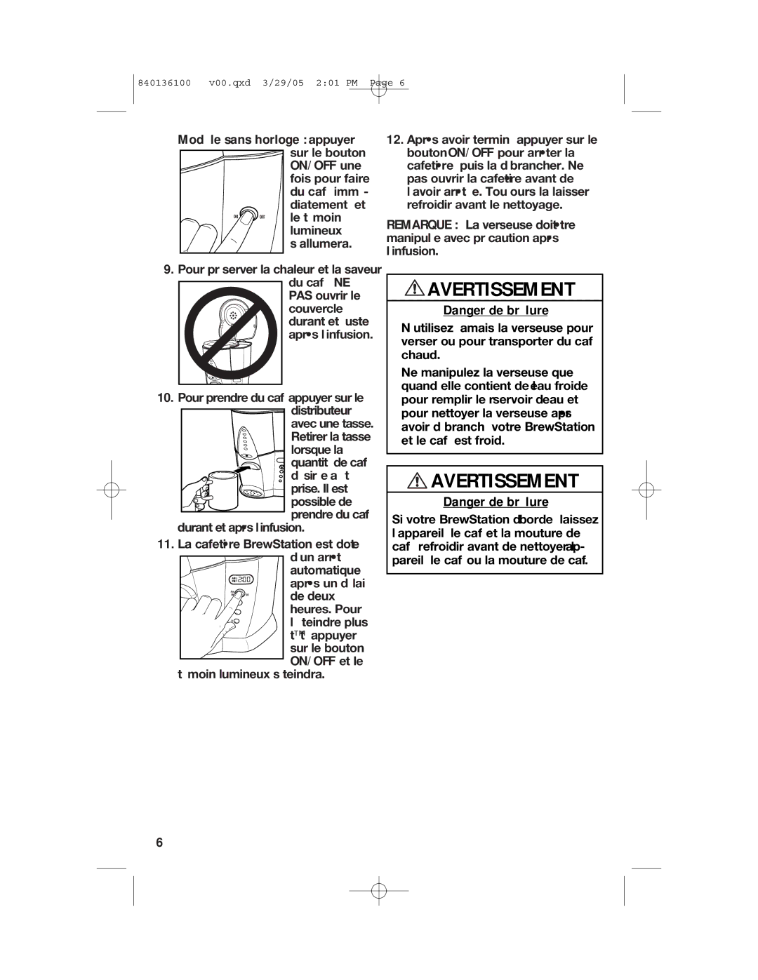 Hamilton Beach 840136100 manual Avertissement, Modèle sans horloge appuyer 