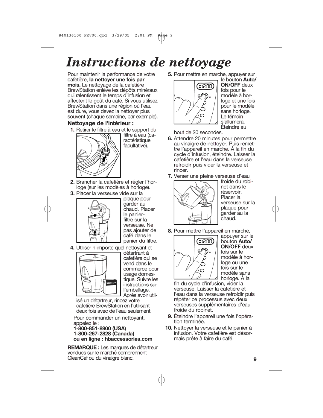 Hamilton Beach 840136100 manual Instructions de nettoyage, Nettoyage de l’intérieur, Canada Ou en ligne hbaccessories.com 