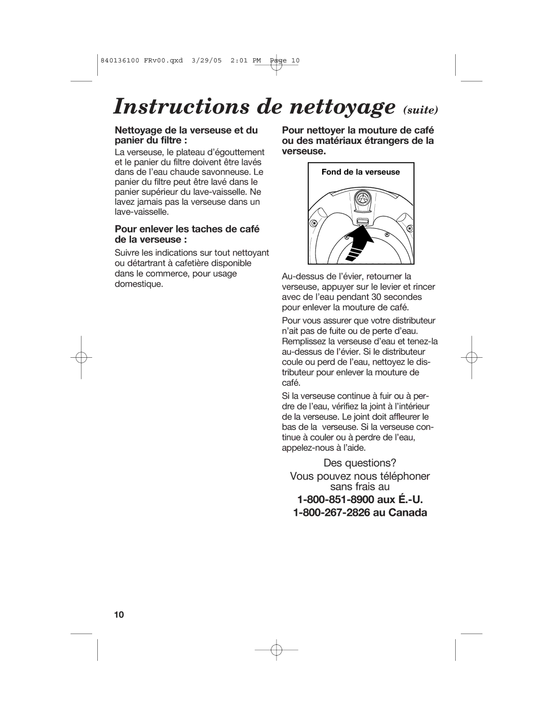 Hamilton Beach 840136100 manual Instructions de nettoyage suite, Nettoyage de la verseuse et du panier du filtre 