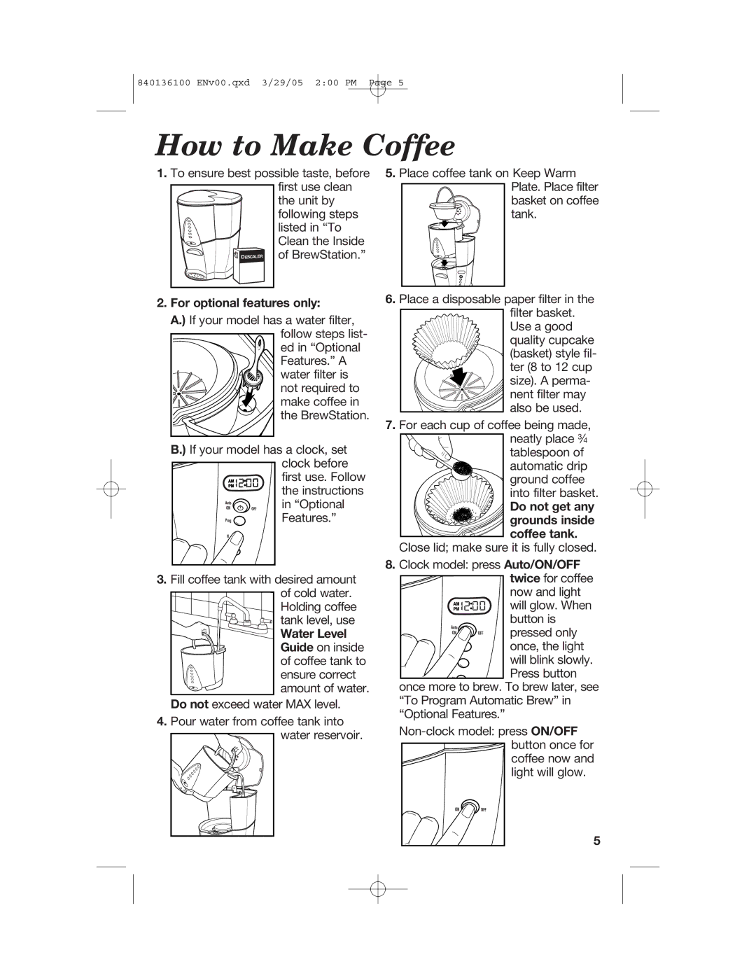 Hamilton Beach 840136100 manual How to Make Coffee, For optional features only, Water Level 