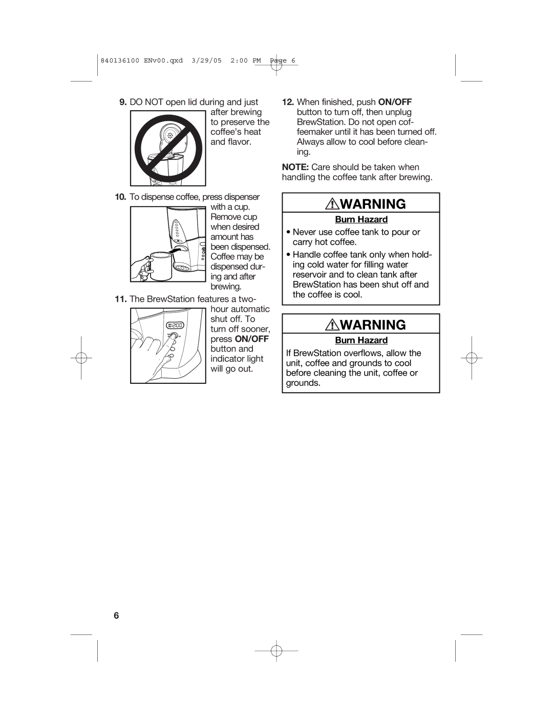 Hamilton Beach 840136100 manual Burn Hazard 