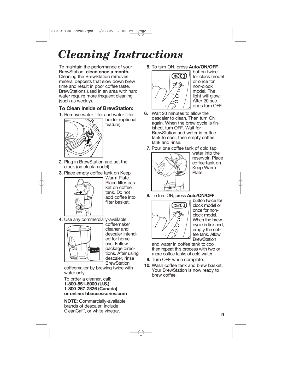 Hamilton Beach 840136100 manual Cleaning Instructions, To Clean Inside of BrewStation, Canada Or online hbaccessories.com 