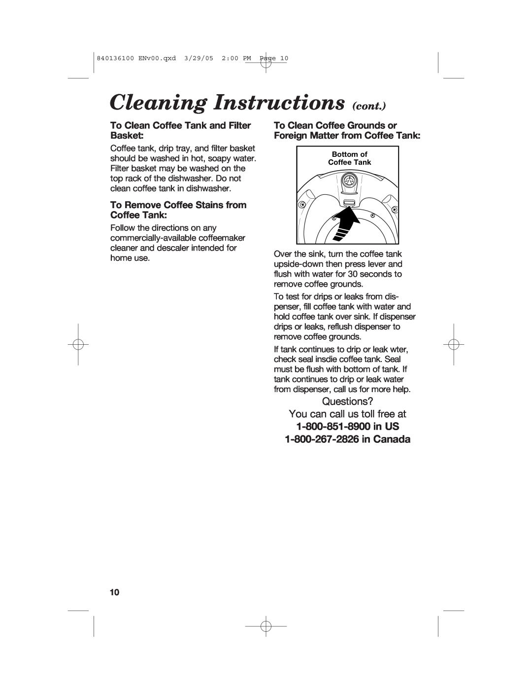Hamilton Beach 840136100 manual Cleaning Instructions cont, Questions? You can call us toll free at 