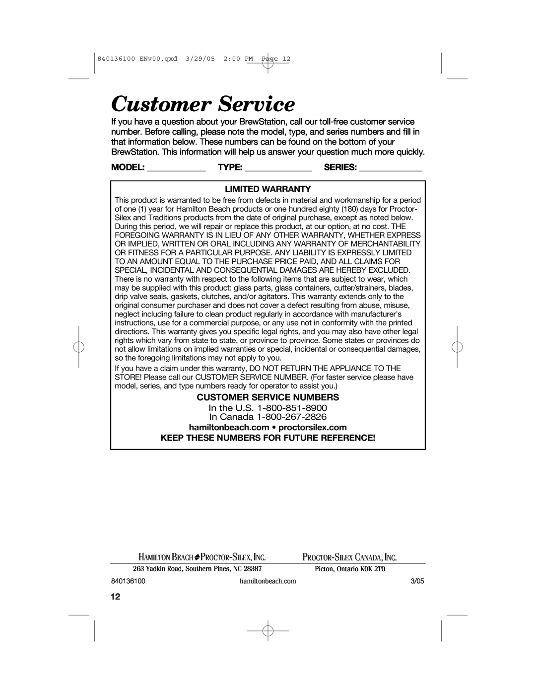 Hamilton Beach 840136100 manual Customer Service Numbers, Model Type Series Limited Warranty, Hamilton Beach 