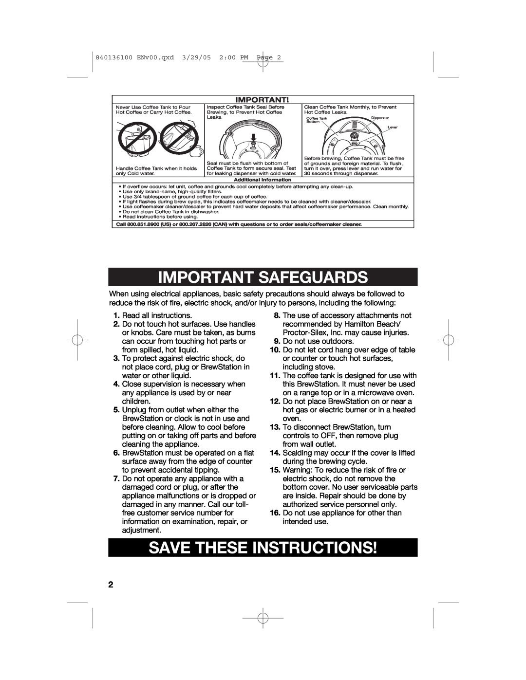 Hamilton Beach 840136100 manual Important Safeguards, Save These Instructions 