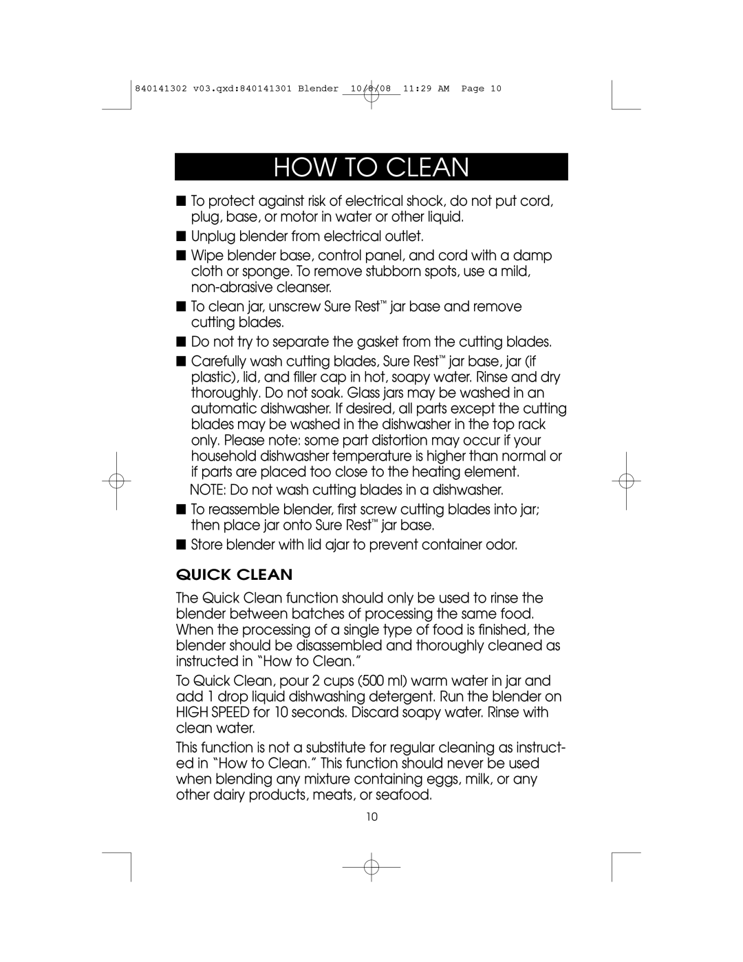 Hamilton Beach 840141302 owner manual HOW to Clean, Quick Clean 