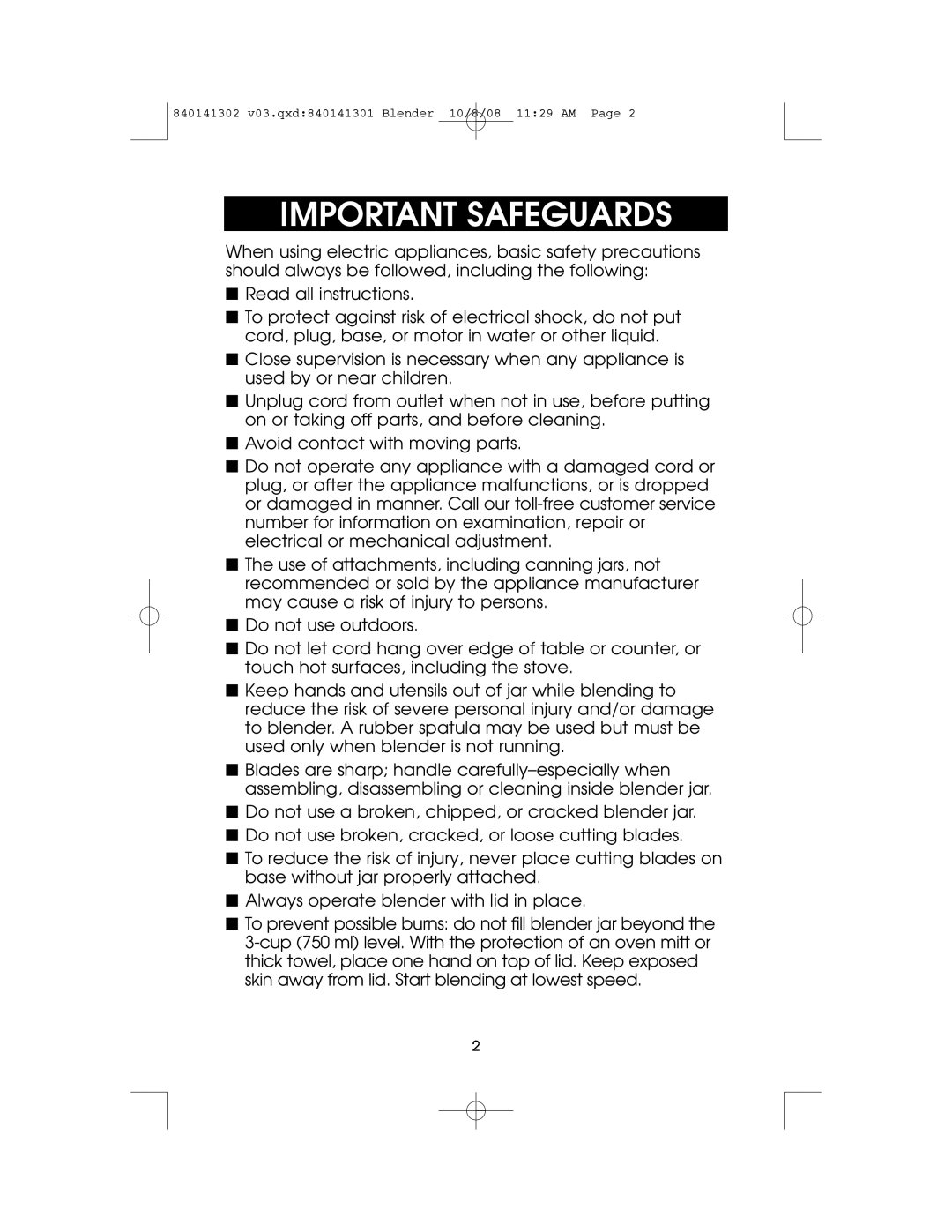 Hamilton Beach 840141302 owner manual Important Safeguards 