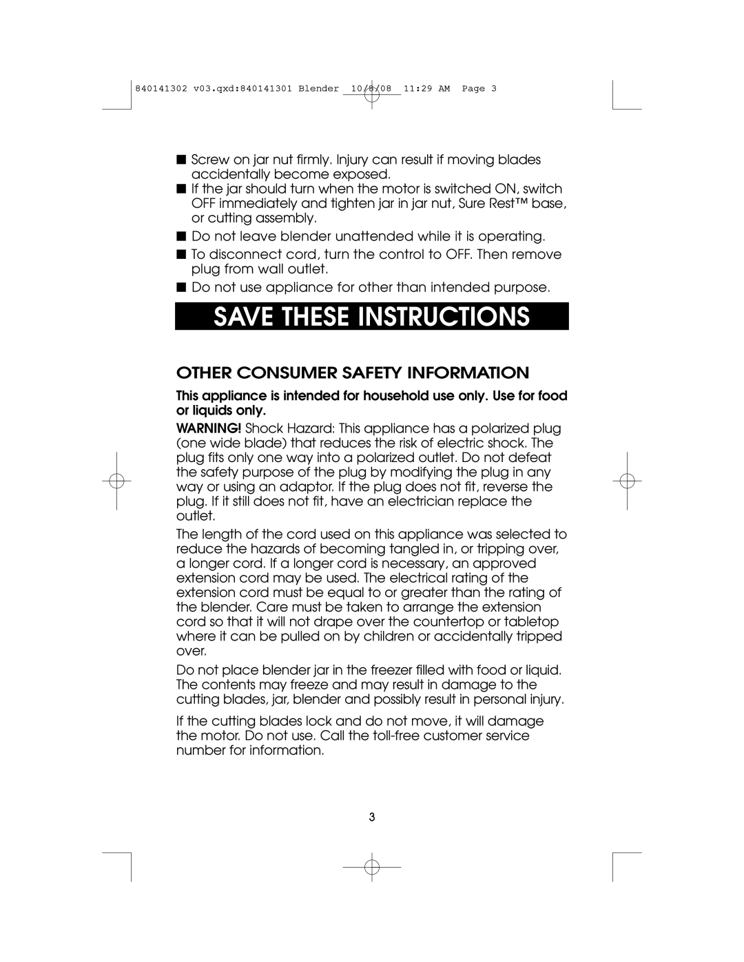 Hamilton Beach 840141302 owner manual Save These Instructions, Other Consumer Safety Information 