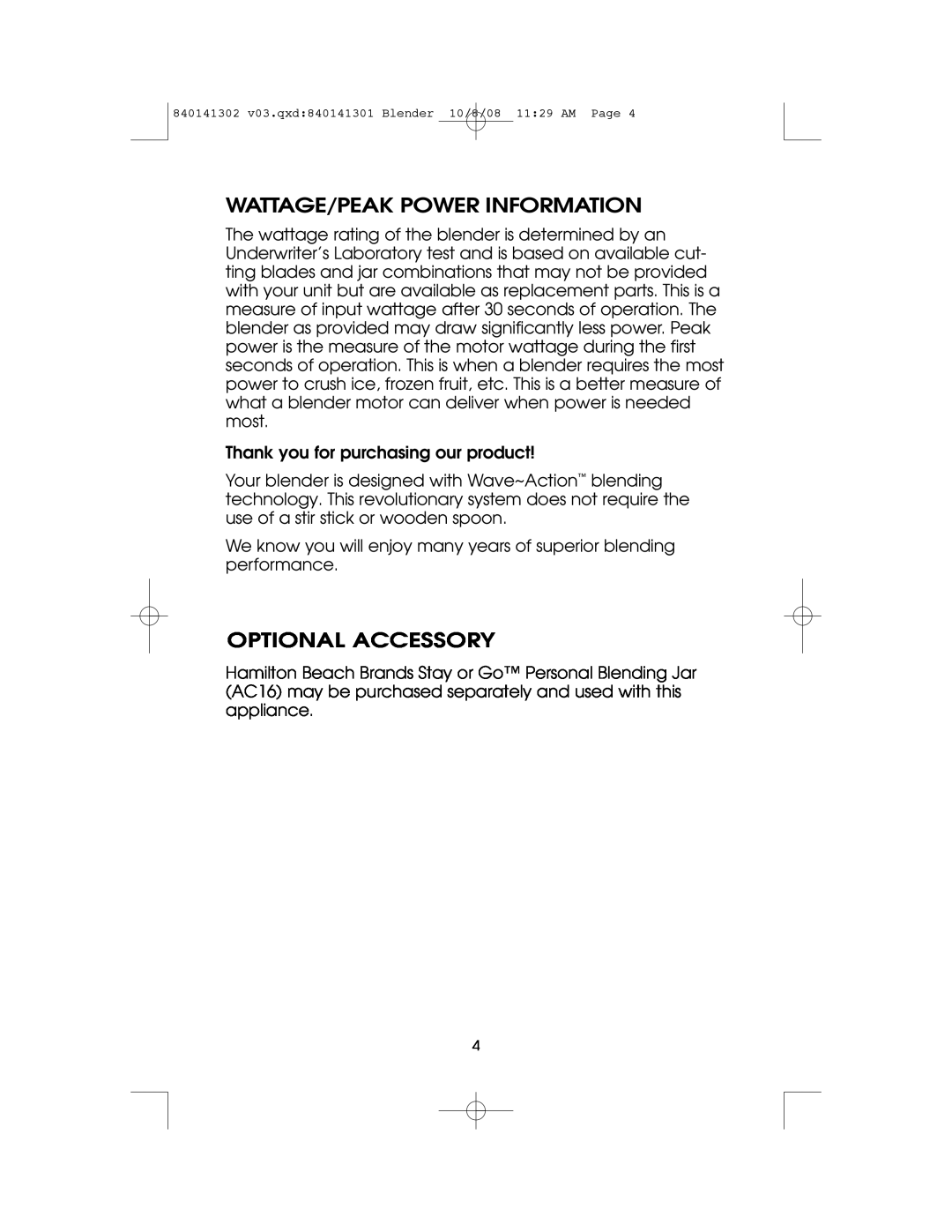 Hamilton Beach 840141302 owner manual Wattage/Peak Power Information, Optional Accessory 