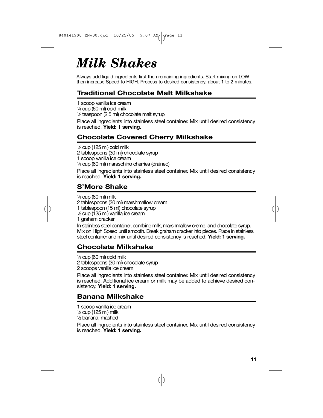 Hamilton Beach 840141900 manual Milk Shakes 