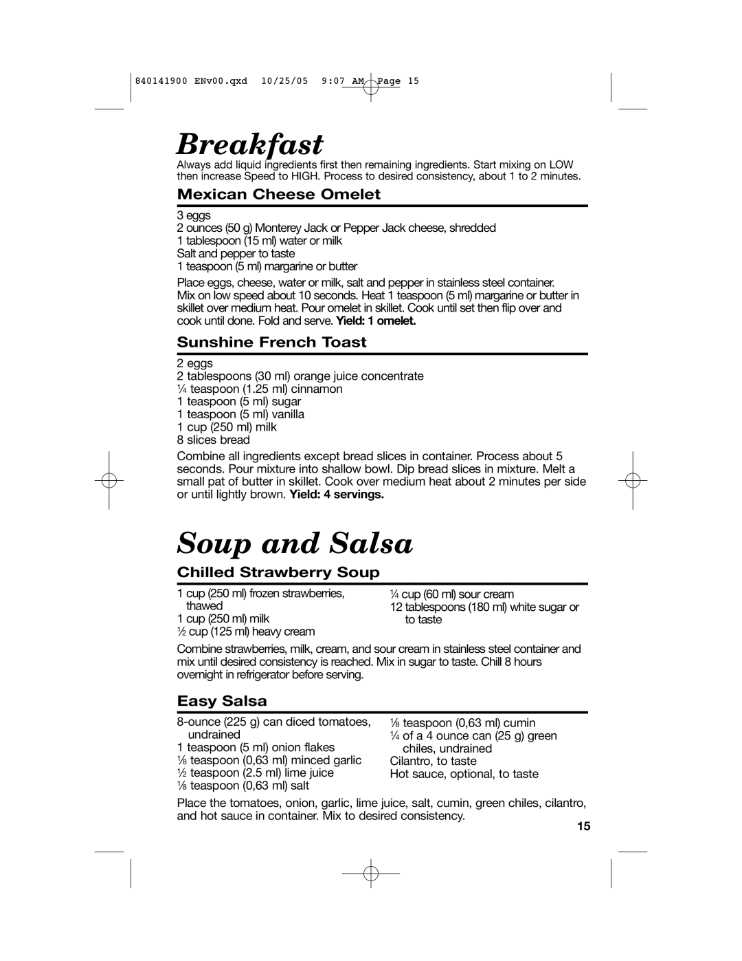 Hamilton Beach 840141900 manual Breakfast, Soup and Salsa 