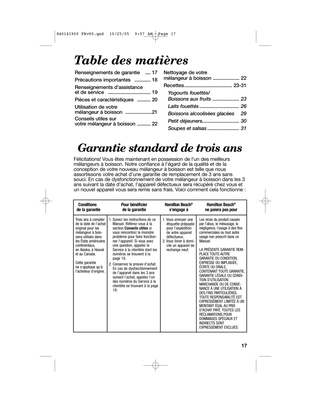 Hamilton Beach 840141900 manual Table des matières, Yogourts fouettés 