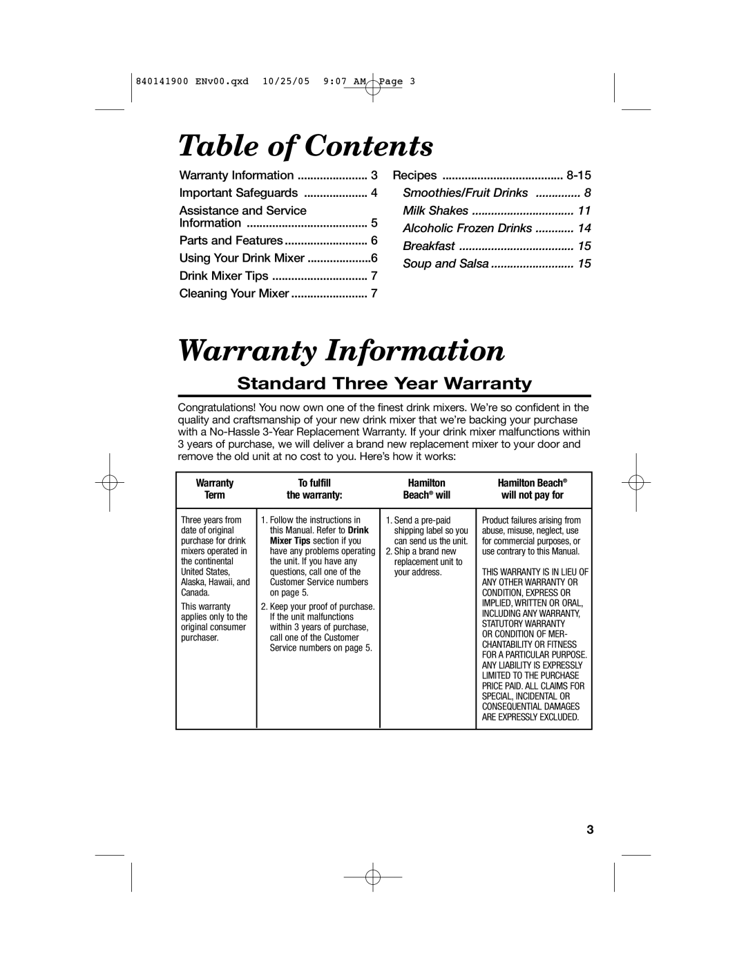 Hamilton Beach 840141900 manual Table of Contents, Warranty Information 