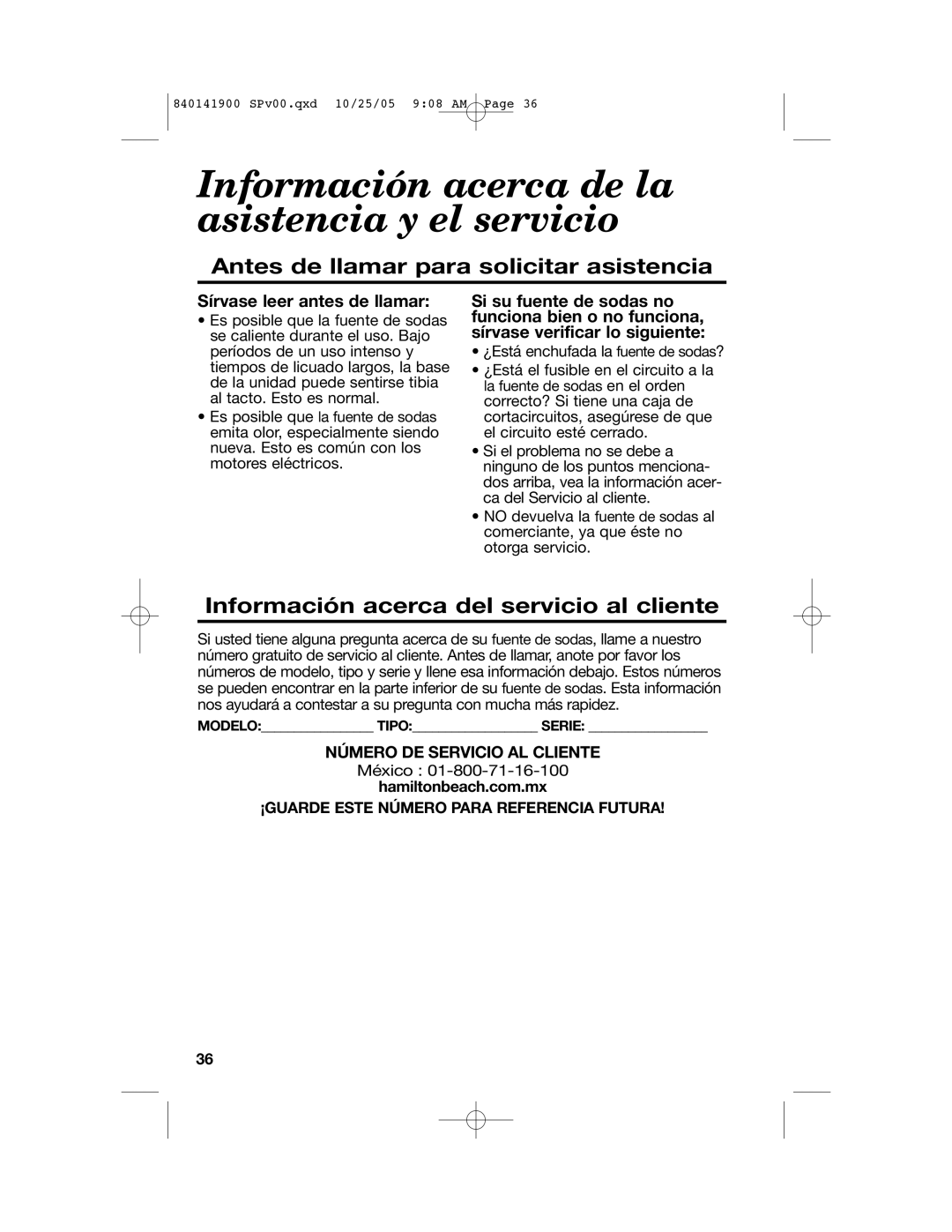 Hamilton Beach 840141900 Información acerca de la asistencia y el servicio, Antes de llamar para solicitar asistencia 