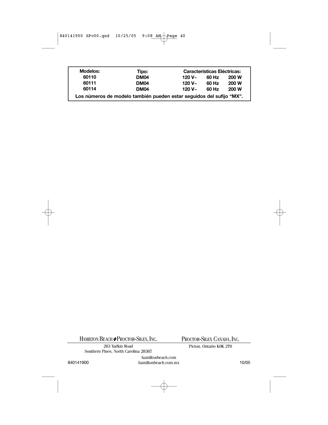 Hamilton Beach 840141900 manual Tipo 