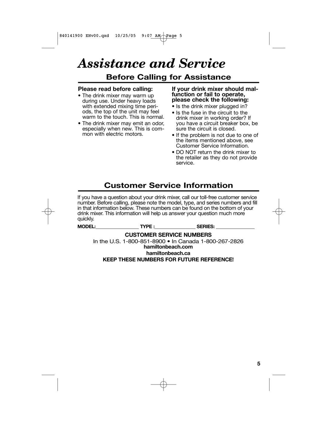 Hamilton Beach 840141900 manual Assistance and Service, Before Calling for Assistance 