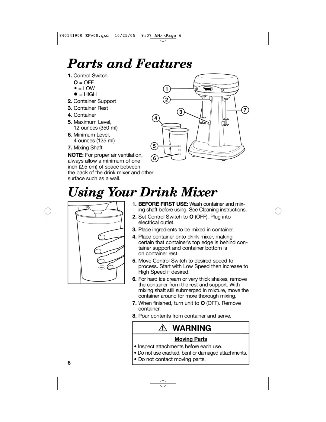 Hamilton Beach 840141900 manual Parts and Features, Using Your Drink Mixer 