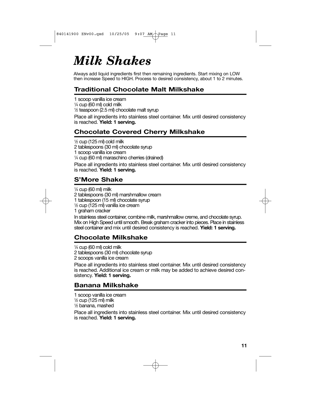 Hamilton Beach 840141900 manual Milk Shakes, Traditional Chocolate Malt Milkshake, Chocolate Covered Cherry Milkshake 