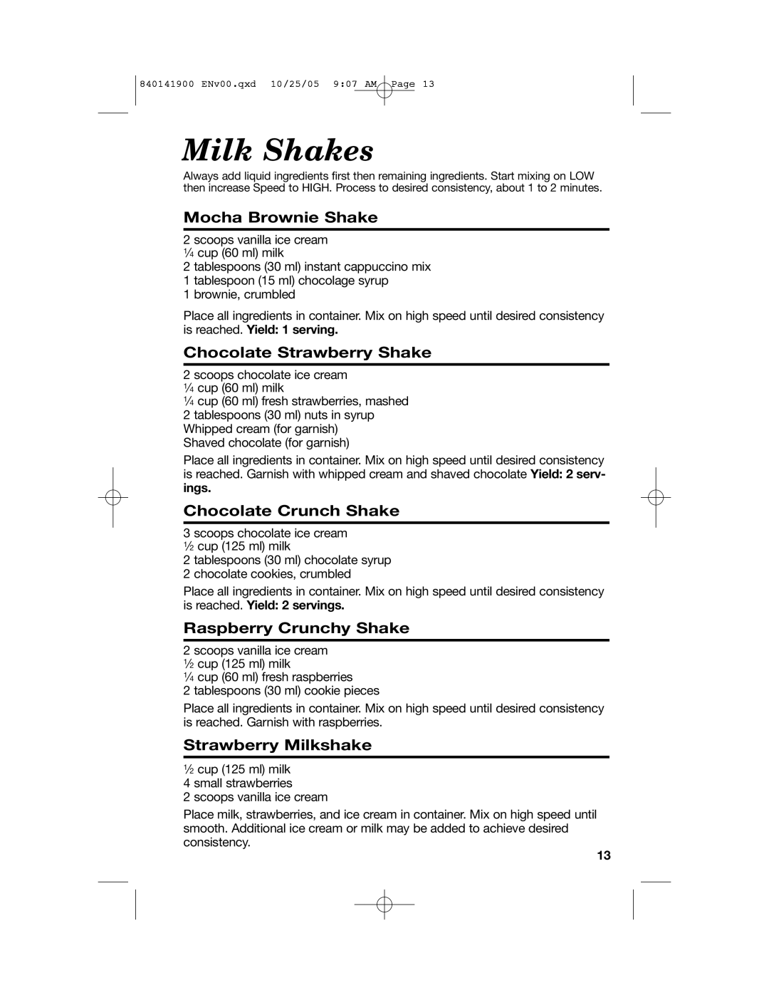 Hamilton Beach 840141900 Mocha Brownie Shake, Chocolate Strawberry Shake, Chocolate Crunch Shake, Raspberry Crunchy Shake 