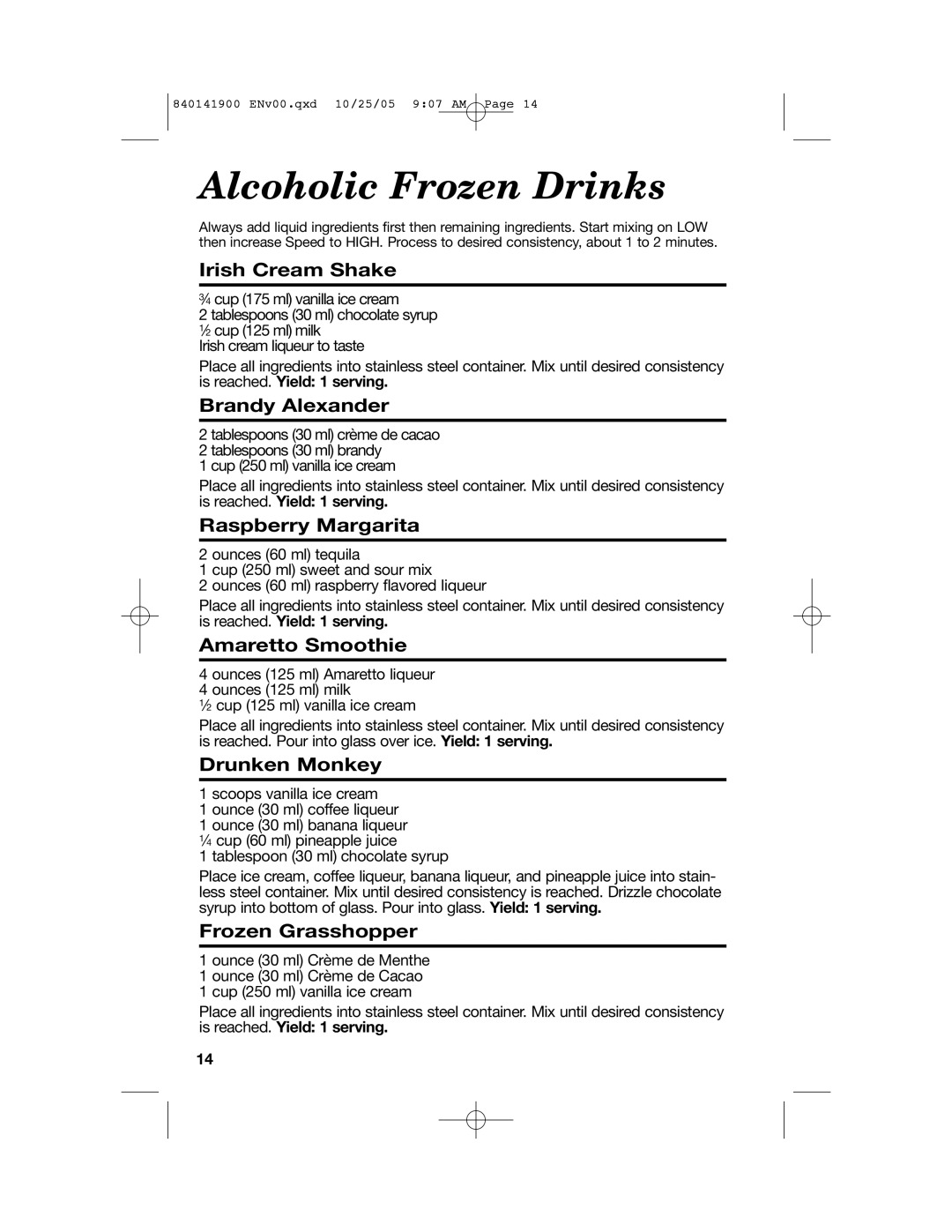 Hamilton Beach 840141900 Alcoholic Frozen Drinks, Irish Cream Shake, Brandy Alexander, Raspberry Margarita, Drunken Monkey 