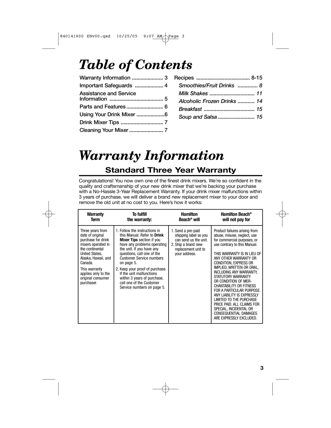 Hamilton Beach 840141900 Table of Contents, Warranty Information, Standard Three Year Warranty, Recipes, Milk Shakes, Term 